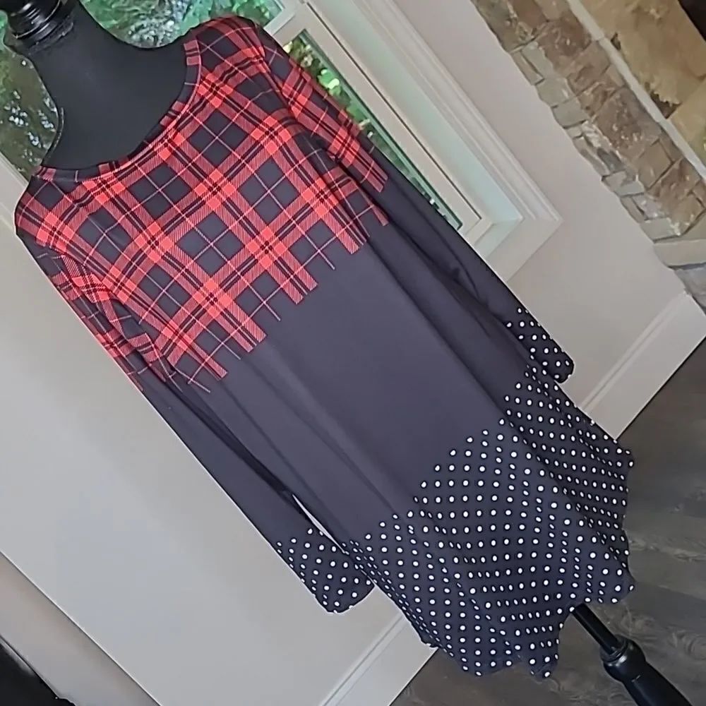 NANU Navy and Red Long Sleeve Soft Top with Plaid Print and Polka-dots